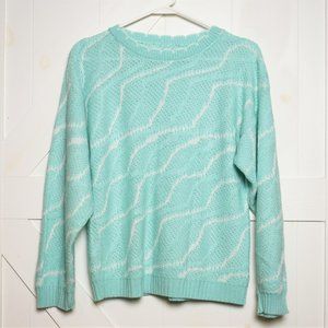 Vintage open weave sweater scalloped neckline long sleeve knit wavy aqua size M